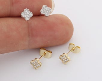 6pcs Real Gold Plated Flower Stud Earrings, Tiny Mini Dainty Earrings, Zircon Cartilage Earring Stud,Minimalist Accessories,Bulk
