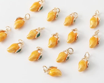 6pcs Real Gold Plated Enamel Mango Charm Colgante, Encanto de frutas, Encanto de esmalte, Encanto de jardín, Encanto dulce, Encanto de bricolaje, Joyería Suppies