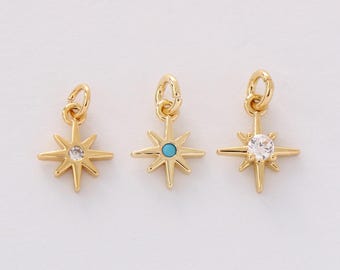 Colgante de estrella pequeña con circonitas cúbicas engastadas en oro laminado de 18 quilates, ideal para la elaboración de collares y pulseras artesanales. Sin níquel y de alta calidad.