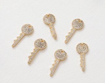 6PCS Nickel Free Real Gold Plated Brass Key Charm, Zircon Key Charm, CZ Pave Key Pendant, Tiny Key Charm,Accessories Jewelry Making