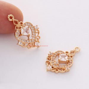 10pcs Gold Plated Heart Charm, Zircon Heart Pendant, Quality Jewelry Supply