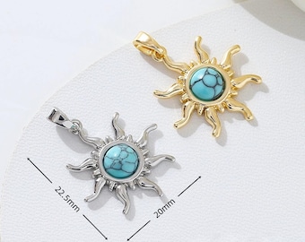 2pcs 18K Real Gold Plated Turquoise Gemstone Bezel Pendant,Natural Stone Sun Charm,Gemstone Charm, Jewelry Making