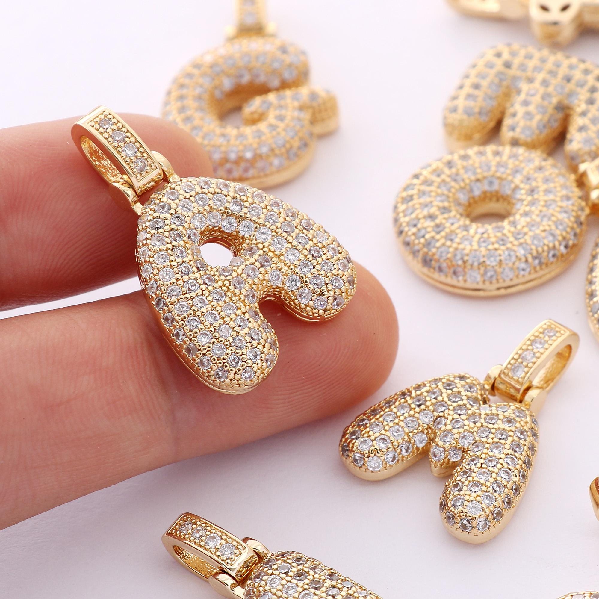 24K Gold Filled Alphabet Balloon Charm,puffy Zirconia Gold Initial ...