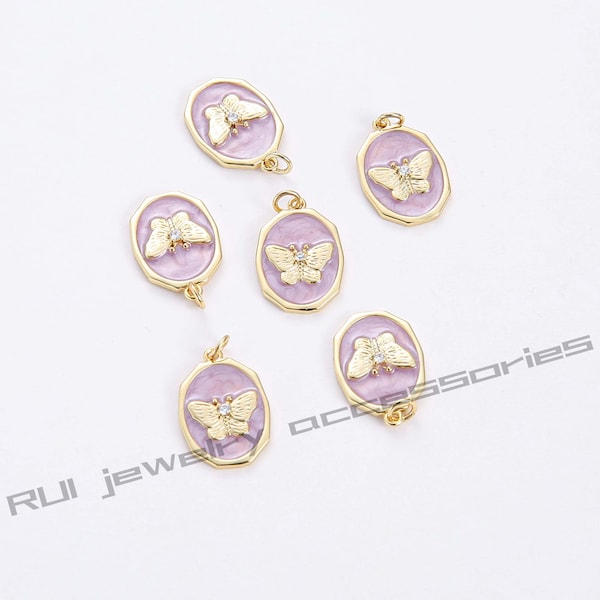 6pcs Nickel Free Real Gold Plated Purple Enamel Butterfly Charm,Tag Cahrm,Gold Initial Charm,Vermeil Bee Pendant,Tiny Gold Butterfly