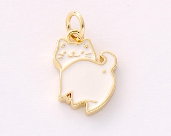 Real Gold Plated Cat Charm,White Enamel Cat Pendant, Animal Charm,Naughty Cat Charm Jewelry Making Material,High Quality,Nickel-free