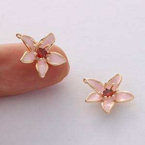 6 piezas de dijes de flores de esmalte rosa bañados en oro real, dijes de esmalte, dijes de flores, florales, plantas, suministros para manualidades