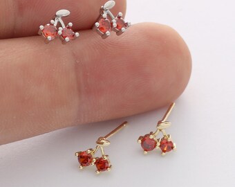 6pcs Real Gold Plated Dainty Cherry Stud Earrings, Tiny Mini Pave Earrings, Zircon Cartilage Earring Stud,Minimalist Accessories,Bulk