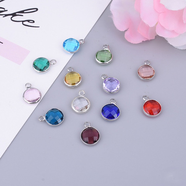 bulk 10pcs Faceted glass bezel charm pendant,12 Birthstone charm, add a charm,gemstone bezel pendant,Silver bezel,8MM,birthday finding