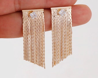 4pcs Real Gold Plated Tassel Earrings, Stick Bar Earring, High Quality, Nickel Free