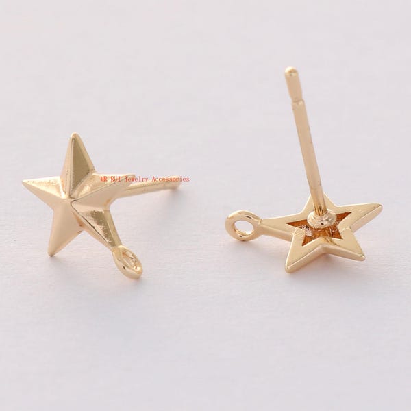 Real Gold Plated Star Earrings Stud,Star Post Earring with Loop, Ear Wire,Earrings Accessories,DIY Earring Attachment