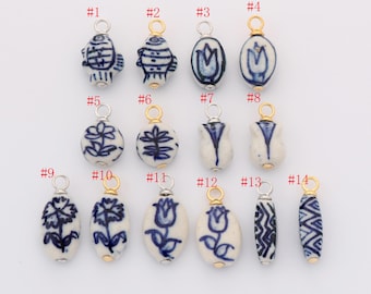 Vintage Blue and White Porcelain Bead Charm, Hand Painted Flowers Dainty Round Ceramic Charm For Necklace/Bracelet Jewelry Making