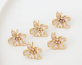 4pcs Real Gold Plated Flower Earrings, White Enamel Flower Post Earrings, Ear Stud, Earring Attachment, Jewelry Accessories