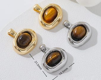 2pcs 18K Real Gold Plated Tiger's Eye Gemstone Oval Molten Bezel Pendant,Natural Stone Oval Charm,Gemstone Charm, Jewelry Making