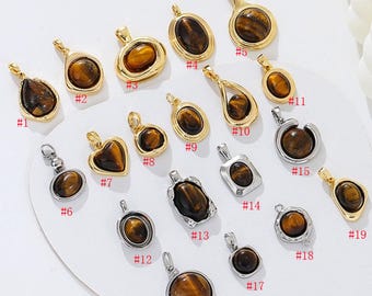 2pcs 18K Real Gold Plated Tiger Eye Gemstone Oval Molten Bezel Pendant,Natural Stone Teardrop Charm,Gemstone Charm, Jewelry Making
