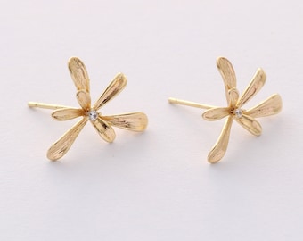 6pcs Real Gold Plated Brass Flower Earrings, Tiny Rose Earrings,Flower Ear Post, Gold Flower Post earrings,Earring accessories