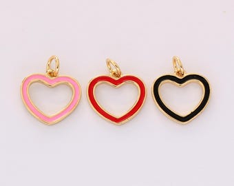 18k Gold Filled Colorful Enamel Heart Charm Hollow Heart Pendant For Necklace Bracelet Jewelry Making Nickel Free