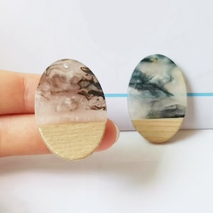 4pcs Epoxy Resin Pendants, Semi Translucent White Resin Findings, Wood and Resin Pendant, Color Blocked, Oval Charm