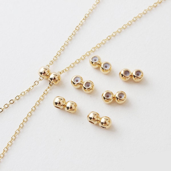 10PC,Real Gold Plated Chain Stopper,4mm Double Beads Grip Slide Holder,Silicone Grip Slider Bead,Necklace Length Controller,Earrings Stopper