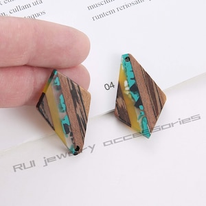 4pcs Epoxy Resin Pendants, Diamond Translucent White Resin Findings, Wood and Resin Pendant, Color Blocked, Diamond Charm