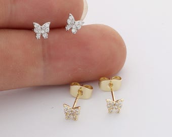 6pcs Real Gold Plated Dainty Butterfly Stud Earrings, Tiny Mini Pave Earrings, Zircon Cartilage Earring Stud,Minimalist Accessories,Bulk