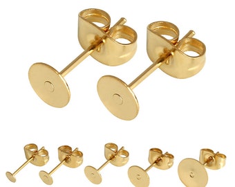 50PCS Gold Tone Acier inoxydable Flat Pad Boucle d’oreilles Clous avec dos -Poteaux d’oreille en acier inoxydable 3/4/5/6/8MM Flat Back Earring Posts-Glue On Posts