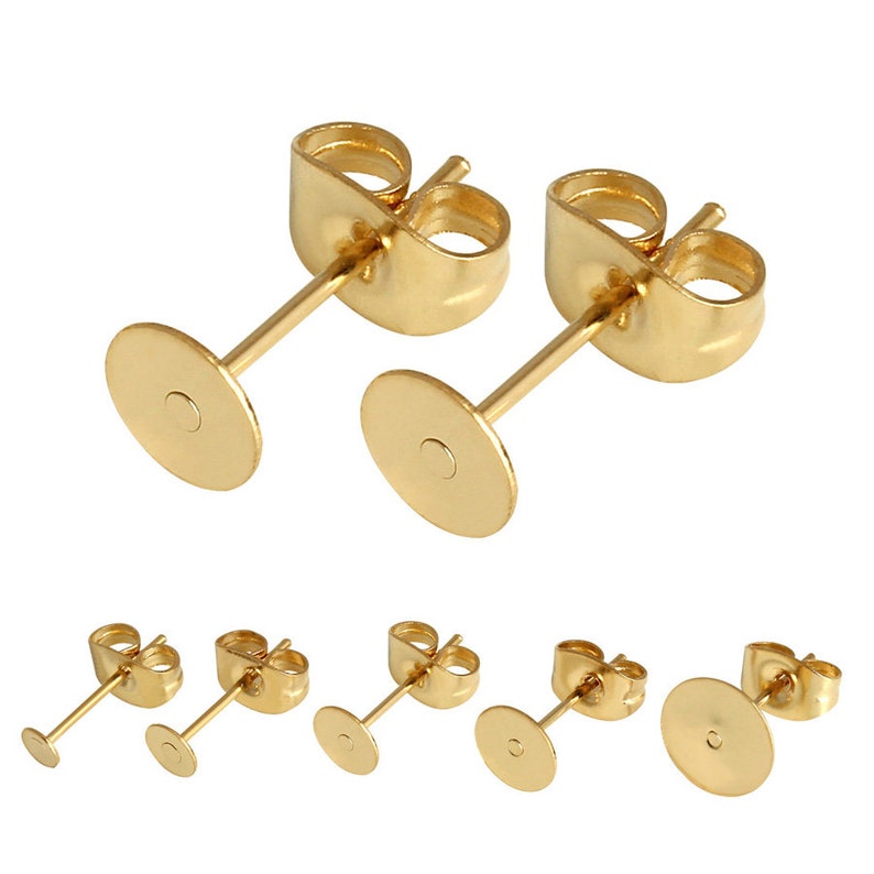 50PCS Gold Tone Stainless Steel Flat Pad Earring Studs with backs-Stainless Steel Earposts 3/4/5/6/8MM Flat Back Earring Posts-Glue On Posts image 1