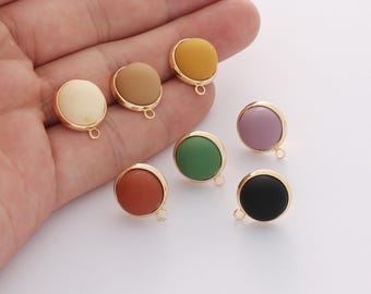 6pcs Real Gold Plated Round Resin Earrings Stud With Loop,Matte Rubber Coated Hemisphere Earring Findings 12mm