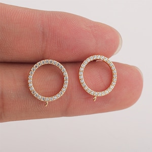 6PCS Real Gold Plated Brass Circle Earring Posts, CZ PAVE Circle Earring Stud,Zircon Round Ear Studs, Earring accessories
