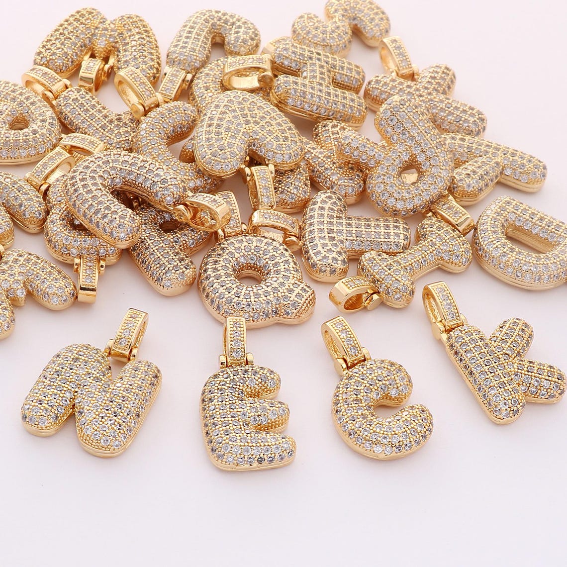 24K Gold Filled Alphabet Balloon Charm,puffy Zirconia Gold Initial ...
