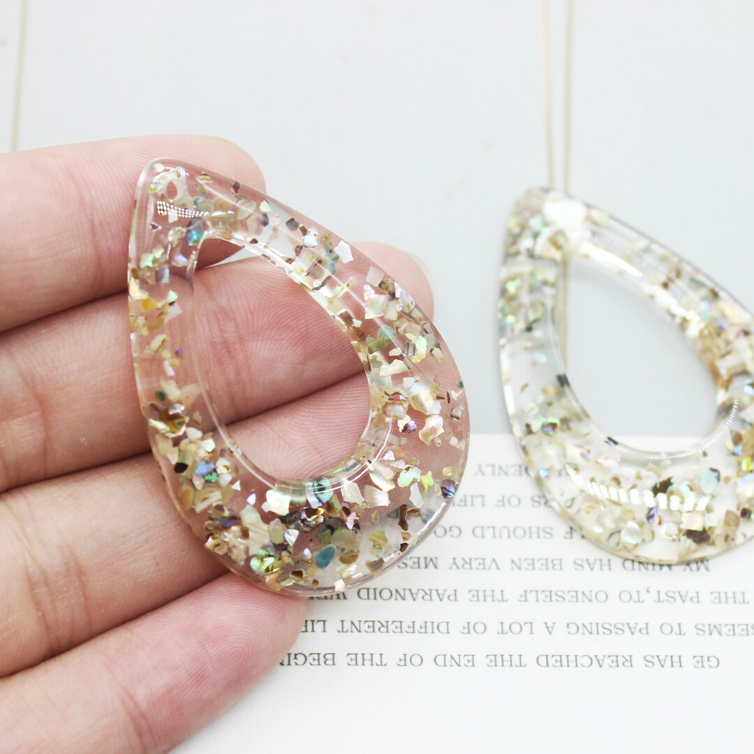 6PCS Clear Epoxy Resin Large Teardrop Pendant, Resin Pendant, Teardrop Shell Charm, Glitter
