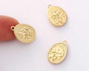 6pcs Real Gold Plated Birth Flower Charm, Oval Birth Month Flowers Pendant, Flower Coin,Double-sided, High quality, nickel free