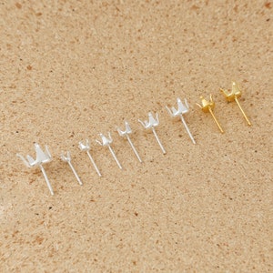 20Pair 925 Sterling Silver Claws Prong Set Ear Posts, 3MM/4MM/5MM/6MM/8MM Twig Textured 4 Prong Earring Studs, Gemstone Earring Blank