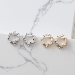 6PCS Real Gold Plated Brass Circle Earring Posts, CZ PAVE Circle Earring Stud,Zircon Round Ear Studs, Earring accessories