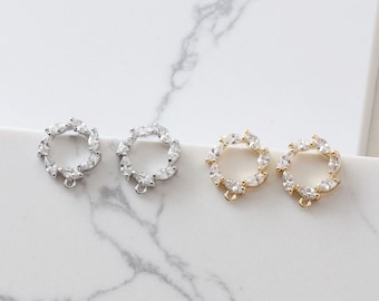 6PCS Real Gold Plated Brass Circle Earring Posts, CZ PAVE Circle Earring Stud,Zircon Round Ear Studs, Earring accessories