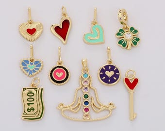 Dije de corazón esmaltado colorido relleno de oro de 18 quilates con forma de moneda redonda para collares y pulseras, sin níquel.