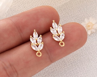 6PCS Real Gold Plated Brass Zircon Leaves Earrings