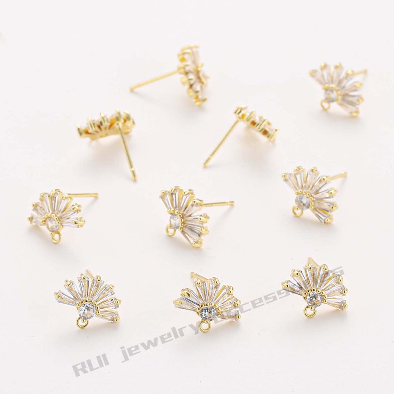 6PCS Real Gold Plated Brass Zircon Fan Earrings image 2