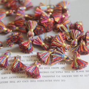 Puede incluir: Una colección de pequeños borlas hechos a mano, coloridos, con anillos de metal dorado. Las borlas están hechas de hilo multicolor y miden aproximadamente 2,5 cm de largo.