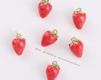 6pcs Real Gold Plated Enamel Strawberry Charm Pendant ,Fruit Charm,Enamel Charm,Garden Charm,Sweet Charm,Diy Charm,Jewelry Suppies