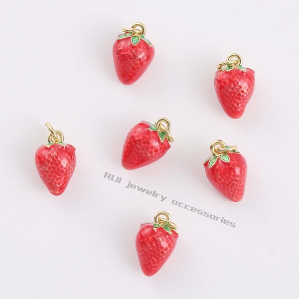 6 pièces pendentif fraise en émail plaqué or véritable, breloque fruits, breloque émail, breloque jardin, breloque sucré, breloque bricolage, articles de bijouterie