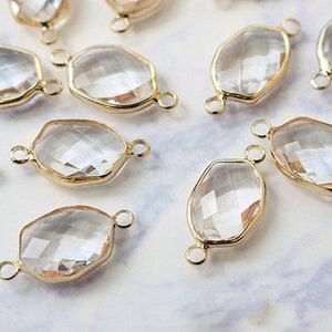 6PCS Faceted Clear Glass Charm Connector,12*23MM,Drop Glass Pendant,Faceted Glass Drop Charm,Framed Glass Pendant,Quality Plated over Brass