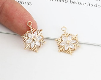 Gold Plated Cubic Zirconia Snowflake Charms,CZ Pave Flower Pendant