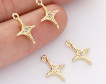 2PCS Gold Star Charms,18K Gold Filled Starburst Pendant,CZ Black North Star Charm Bracelet Necklace for DIY Jewelry Making Supply