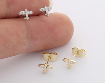 6pcs Real Gold Plated Airplane Stud Earrings, Tiny Mini Dainty Earrings, Zircon Cartilage Earring Stud,Minimalist Accessories,Bulk