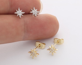 6pcs Real Gold Plated Hexagram Stud Earrings, Tiny Mini Dainty Earrings, Zircon Cartilage Earring Stud,Minimalist Accessories,Bulk
