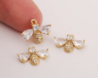 6pcs, High Quality Real Gold Plated Bee Charm, Bee Pendant, cz Pave Bee, Zircon Bee Charm, Animal, Insect, Nickel Free