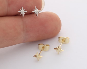 6pcs Real Gold Plated Hexagram Stud Earrings, Tiny Mini Dainty Earrings, Zircon Cartilage Earring Stud,Minimalist Accessories,Bulk