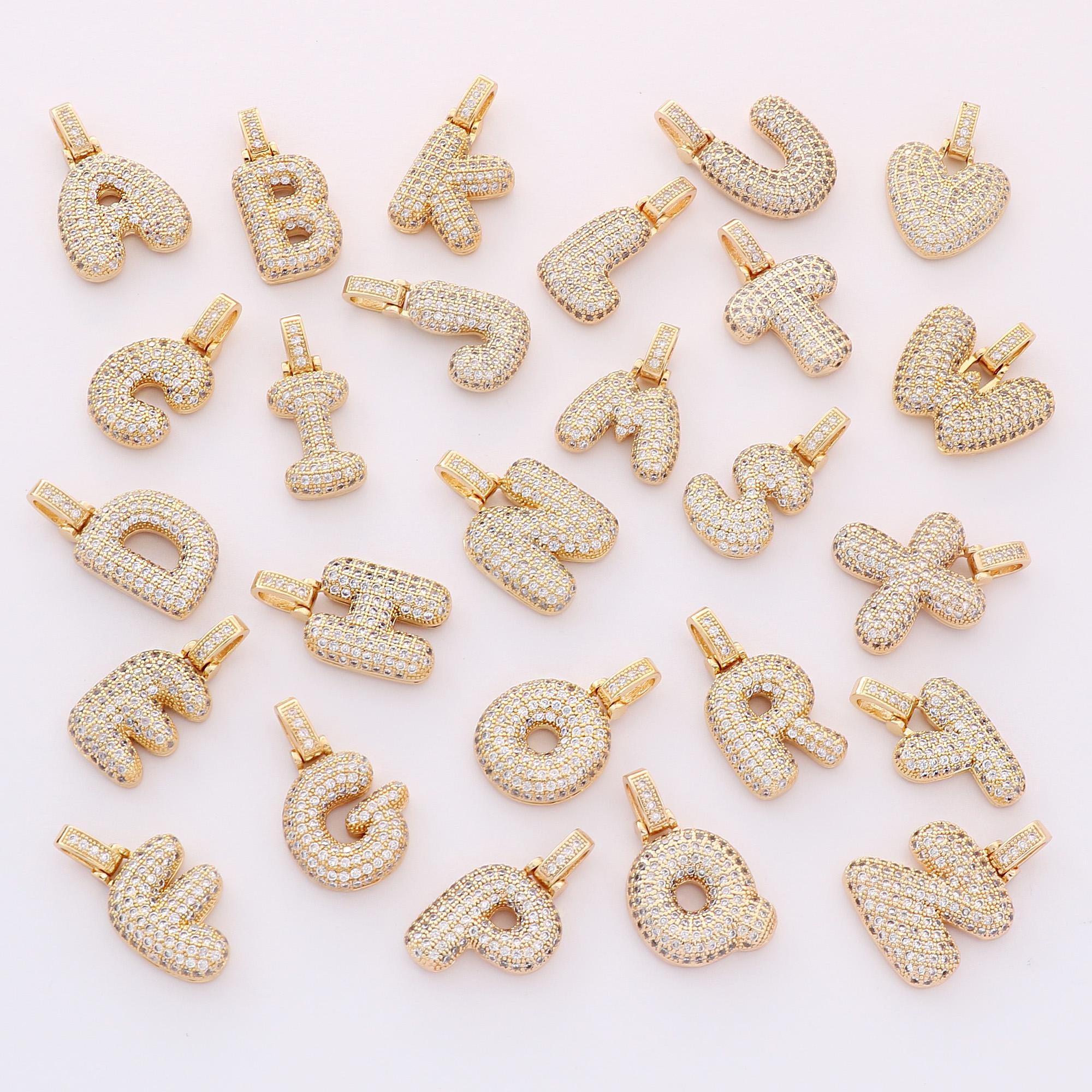 24K Gold Filled Alphabet Balloon Charm,puffy Zirconia Gold Initial ...