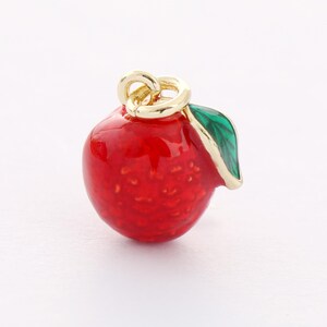 May include: A red enamel apple charm with a gold-tone finish and a green enamel leaf. The charm has a loop for attaching to a necklace or bracelet.