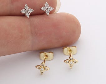 6pcs Real Gold Plated Flower Stud Earrings, Tiny Mini Dainty Earrings, Zircon Cartilage Earring Stud,Minimalist Accessories,Bulk